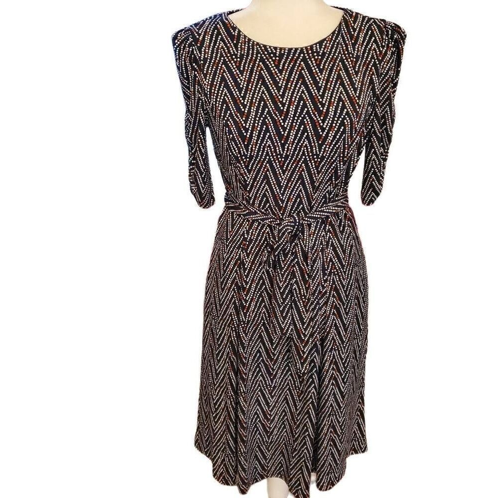 Jessica Howard Black Dots Stretch Belted Midi Dress  - Size 8